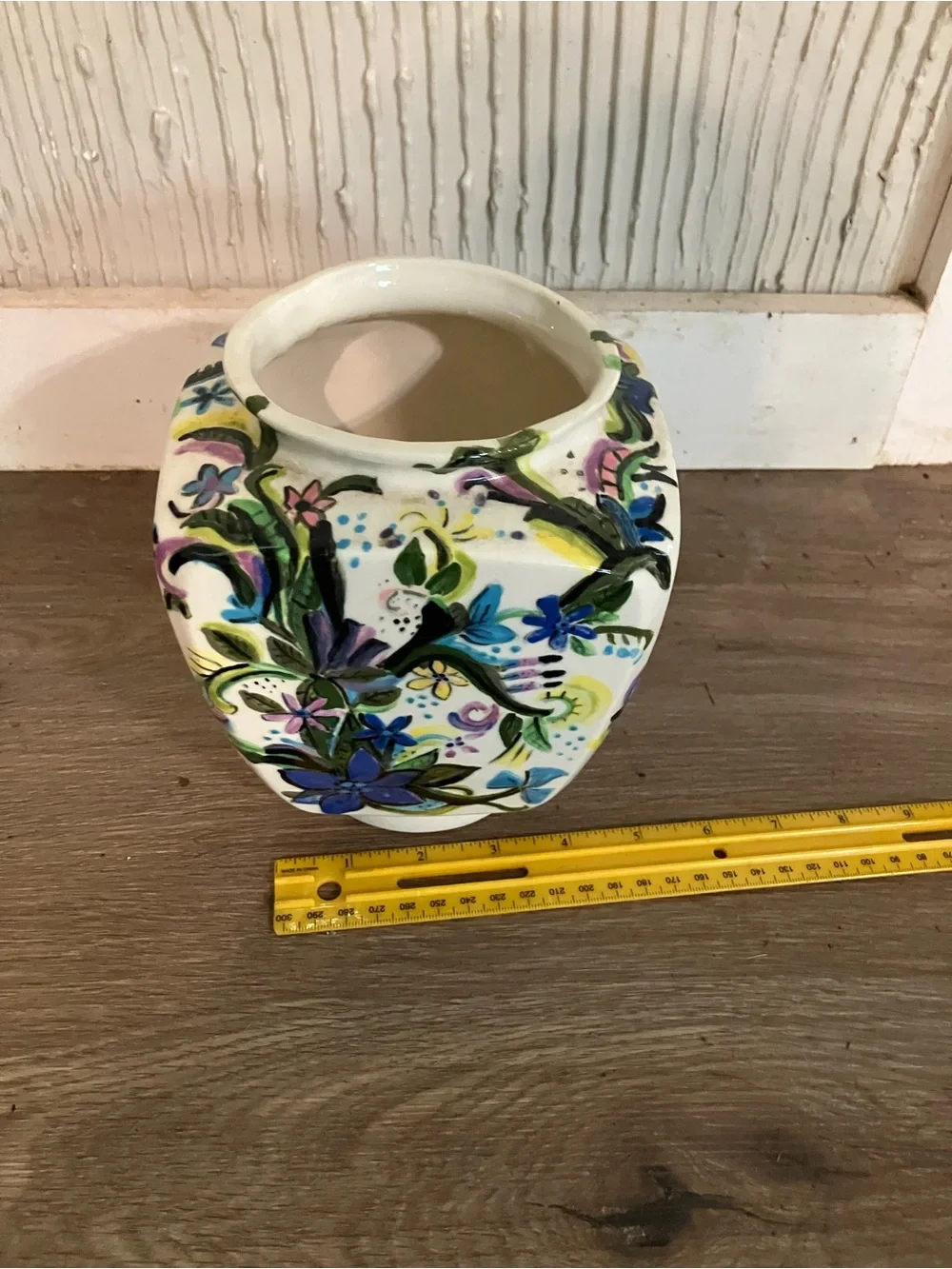 Hand-Painted Floral Ceramic Vase - White with Blue, Green & Purple Flowers